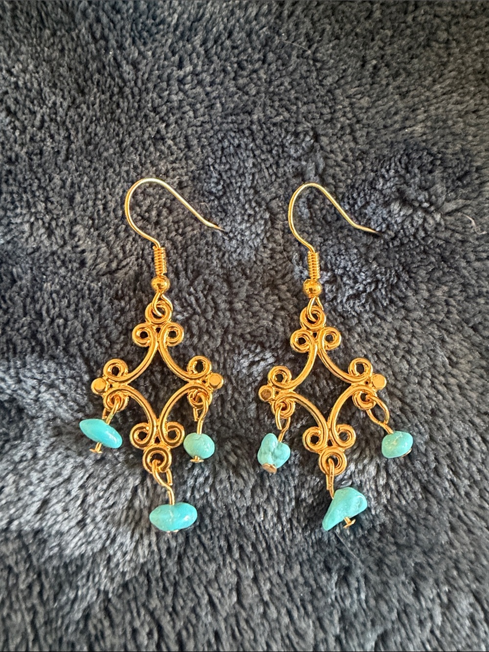 Gold Filigree Dangle Earrings with Turquoise Beads